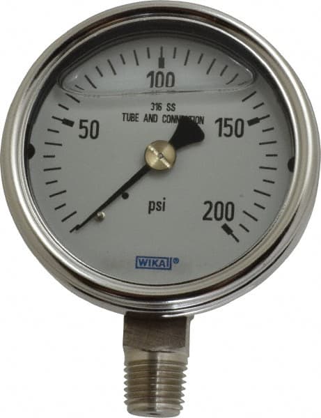 Wika - 2-1/2" Dial, 1/4 Thread, 0-200 Scale Range, Pressure Gauge - Lower Connection Mount, Accurate to 2-1-2% of Scale - Exact Tooling