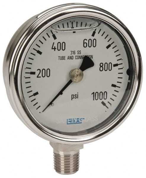 Wika - 2-1/2" Dial, 1/4 Thread, 0-1,000 Scale Range, Pressure Gauge - Lower Connection Mount, Accurate to 2-1-2% of Scale - Exact Tooling
