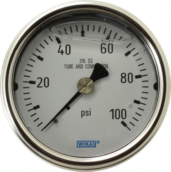 Wika - 2-1/2" Dial, 1/4 Thread, 0-100 Scale Range, Pressure Gauge - Center Back Connection Mount, Accurate to 2-1-2% of Scale - Exact Tooling