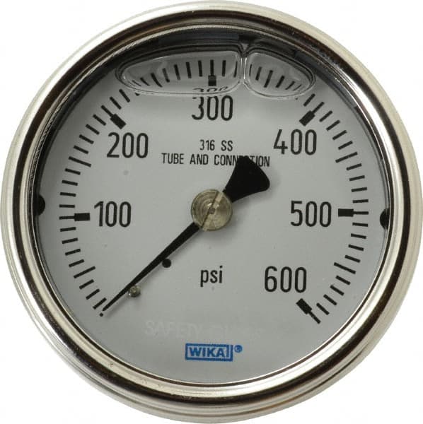 Wika - 2-1/2" Dial, 1/4 Thread, 0-600 Scale Range, Pressure Gauge - Center Back Connection Mount, Accurate to 2-1-2% of Scale - Exact Tooling