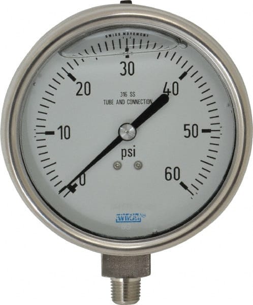 Wika - 4" Dial, 1/4 Thread, 0-60 Scale Range, Pressure Gauge - Lower Connection Mount, Accurate to 1% of Scale - Exact Tooling