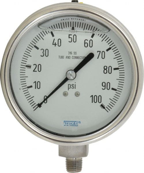 Wika - 4" Dial, 1/4 Thread, 0-100 Scale Range, Pressure Gauge - Lower Connection Mount, Accurate to 1% of Scale - Exact Tooling