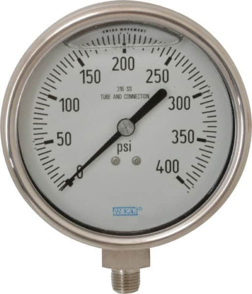 Wika - 4" Dial, 1/4 Thread, 0-400 Scale Range, Pressure Gauge - Lower Connection Mount, Accurate to 1% of Scale - Exact Tooling