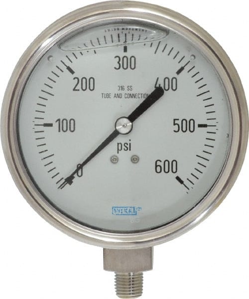 Wika - 4" Dial, 1/4 Thread, 0-600 Scale Range, Pressure Gauge - Lower Connection Mount, Accurate to 1% of Scale - Exact Tooling
