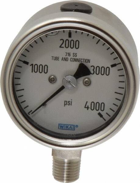 Wika - 2-1/2" Dial, 1/4 Thread, 0-4,000 Scale Range, Pressure Gauge - Lower Connection Mount, Accurate to 2-1-2% of Scale - Exact Tooling