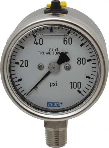 Wika - 2-1/2" Dial, 1/4 Thread, 100 Scale Range, Pressure Gauge - Lower Connection Mount, Accurate to 2-1-2% of Scale - Exact Tooling