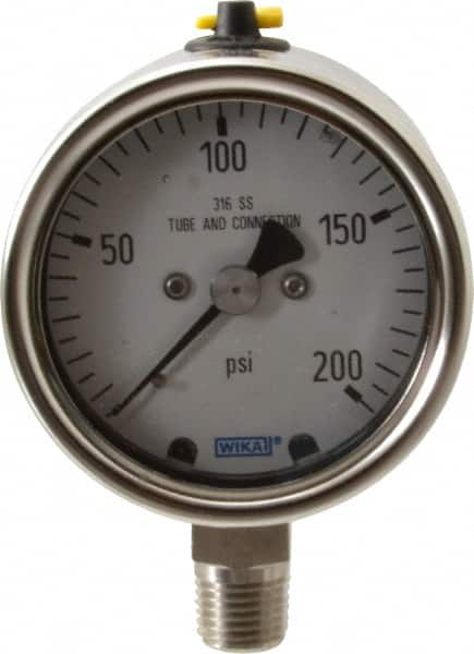 Wika - 2-1/2" Dial, 1/4 Thread, 200 Scale Range, Pressure Gauge - Lower Connection Mount, Accurate to 2-1-2% of Scale - Exact Tooling