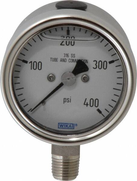 Wika - 2-1/2" Dial, 1/4 Thread, 400 Scale Range, Pressure Gauge - Lower Connection Mount, Accurate to 2-1-2% of Scale - Exact Tooling