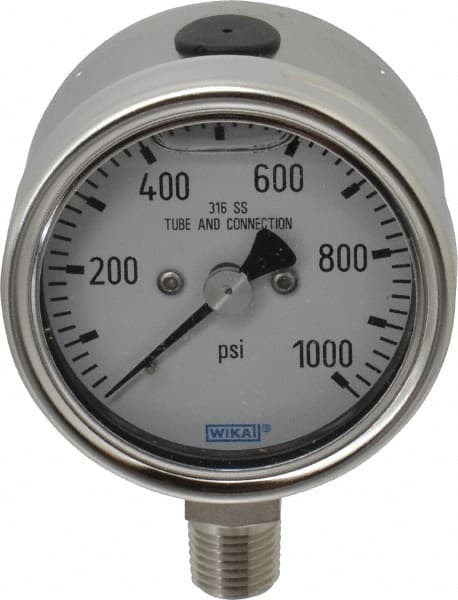 Wika - 2-1/2" Dial, 1/4 Thread, 1,000 Scale Range, Pressure Gauge - Lower Connection Mount, Accurate to 2-1-2% of Scale - Exact Tooling