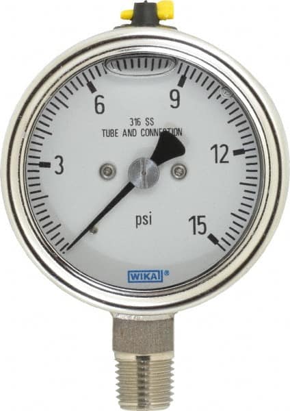 Wika - 2-1/2" Dial, 1/4 Thread, 15 Scale Range, Pressure Gauge - Lower Connection Mount, Accurate to 2-1-2% of Scale - Exact Tooling