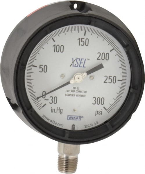 Wika - 4-1/2" Dial, 1/2 Thread, 30-0-300 Scale Range, Pressure Gauge - Lower Connection Mount, Accurate to 0.5% of Scale - Exact Tooling