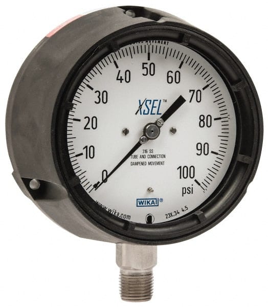 Wika - 4-1/2" Dial, 1/2 Thread, 0-100 Scale Range, Pressure Gauge - Lower Connection Mount, Accurate to 0.5% of Scale - Exact Tooling