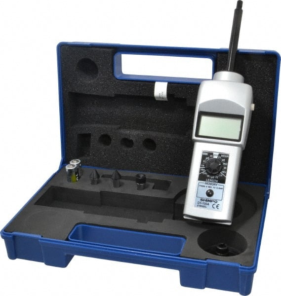 SHIMPO - Accurate up to 0.006 +/- 1% Digit (6 RPM Max) (10,000 to 25,000 RPM), 0.001 RPM Resolution, Contact Tachometer - 7.185 Inch Long x 2.3622 Inch Wide x 1.811 Inch Meter Thick, 0.1 to 25,000 RPM Measurement - Exact Tooling