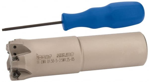 Iscar - 1-1/2" Cut Diam, 0.04" Max Depth, 1-1/4" Shank Diam, Weldon Shank Indexable High-Feed End Mill - Screw Holding Method, H600 WXCU 05 Insert, FF EWX-05 Toolholder, Through Coolant - Exact Tooling