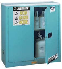 Justrite - 2 Door, 1 Shelf, Blue Steel Standard Safety Cabinet for Corrosive Chemicals - 44" High x 43" Wide x 18" Deep, Manual Closing Door, 3 Point Key Lock, 30 Gal Capacity - Exact Tooling