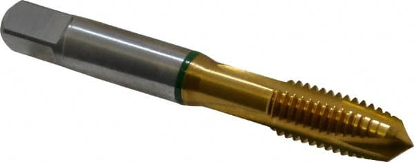 Guhring - M10x1.50 Metric Coarse, 3 Flute, TiN Finish, Cobalt Spiral Point Tap - Plug Chamfer, Right Hand Thread, 2-15/16" OAL, 0.79" Thread Length, 0.381" Shank Diam, 6H Class of Fit, Series 3915 - Exact Tooling