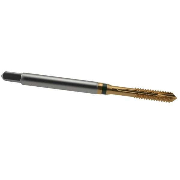 Guhring - #6-32 UNC, 3 Flute, TiN Finish, Cobalt Spiral Point Tap - Plug Chamfer, Right Hand Thread, 2" OAL, 0.433" Thread Length, 0.141" Shank Diam, 2B Class of Fit, Series 3916 - Exact Tooling