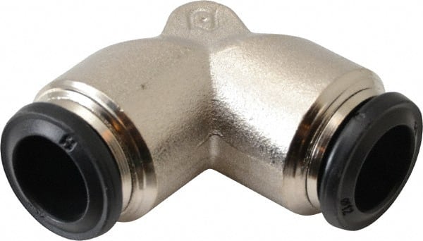 Alpha Technologies - 12mm Outside Diam, Nickel Plated Brass Push-to-Connect Tube Union Elbow - 250 Max psi, Tube to Tube Connection, Buna O-Ring - Exact Tooling