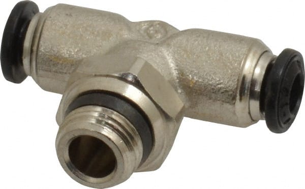 Alpha Technologies - 4mm Outside Diam, 1/8 Universal, Nickel Plated Brass Push-to-Connect Tube Male Swivel Branch Tee - 250 Max psi, Tube to Universal Thread Connection, Buna O-Ring - Exact Tooling
