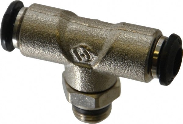 Alpha Technologies - 6mm Outside Diam, 1/8 Universal, Nickel Plated Brass Push-to-Connect Tube Male Swivel Branch Tee - 250 Max psi, Tube to Universal Thread Connection, Buna O-Ring - Exact Tooling