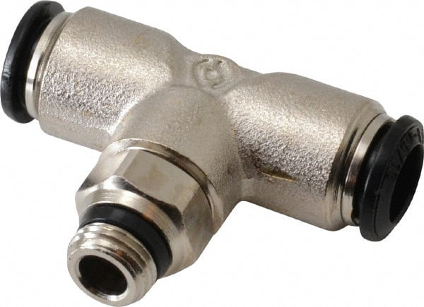 Alpha Technologies - 8mm Outside Diam, 1/8 Universal, Nickel Plated Brass Push-to-Connect Tube Male Swivel Branch Tee - 250 Max psi, Tube to Universal Thread Connection, Buna O-Ring - Exact Tooling