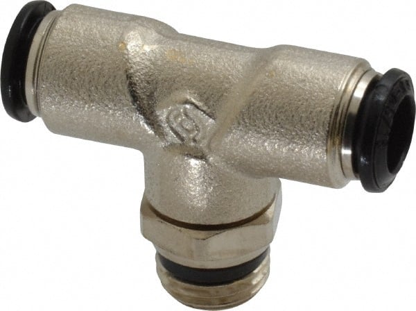 Alpha Technologies - 8mm Outside Diam, 1/4 Universal, Nickel Plated Brass Push-to-Connect Tube Male Swivel Branch Tee - 250 Max psi, Tube to Universal Thread Connection, Buna O-Ring - Exact Tooling