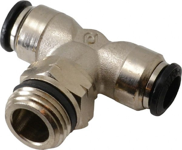 Alpha Technologies - 8mm Outside Diam, 3/8 Universal, Nickel Plated Brass Push-to-Connect Tube Male Swivel Branch Tee - 250 Max psi, Tube to Universal Thread Connection, Buna O-Ring - Exact Tooling