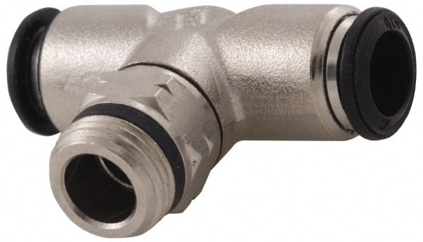 Alpha Technologies - 12mm Outside Diam, 1/2 Universal, Nickel Plated Brass Push-to-Connect Tube Male Swivel Branch Tee - 250 Max psi, Tube to Universal Thread Connection, Buna O-Ring - Exact Tooling