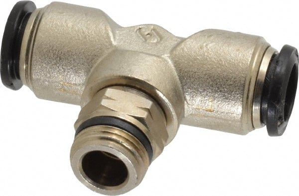 Alpha Technologies - 12mm Outside Diam, 3/8 Universal, Nickel Plated Brass Push-to-Connect Tube Male Swivel Branch Tee - 250 Max psi, Tube to Universal Thread Connection, Buna O-Ring - Exact Tooling