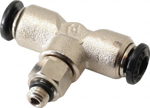 Alpha Technologies - 4mm Outside Diam, M5 Metric, Nickel Plated Brass Push-to-Connect Tube Male Swivel Branch Tee - 250 Max psi, Tube to Metric Thread Connection, Buna O-Ring - Exact Tooling