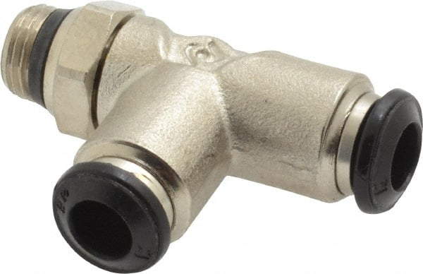 Alpha Technologies - 6mm Outside Diam, 1/8 Universal, Nickel Plated Brass Push-to-Connect Tube Male Swivel Run Tee - 250 Max psi, Tube to Universal Thread Connection, Buna O-Ring - Exact Tooling
