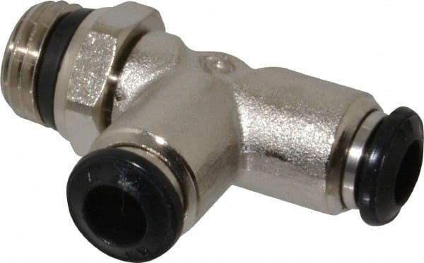 Alpha Technologies - 6mm Outside Diam, 1/4 Universal, Nickel Plated Brass Push-to-Connect Tube Male Swivel Run Tee - 250 Max psi, Tube to Universal Thread Connection, Buna O-Ring - Exact Tooling