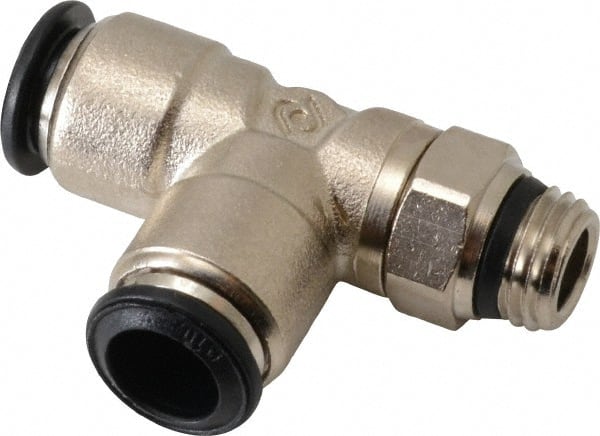 Alpha Technologies - 10mm Outside Diam, 1/4 Universal, Nickel Plated Brass Push-to-Connect Tube Male Swivel Run Tee - 250 Max psi, Tube to Universal Thread Connection, Buna O-Ring - Exact Tooling