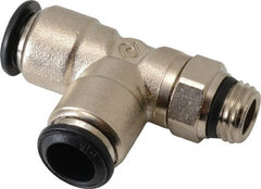 Alpha Technologies - 10mm Outside Diam, 1/4 Universal, Nickel Plated Brass Push-to-Connect Tube Male Swivel Run Tee - 250 Max psi, Tube to Universal Thread Connection, Buna O-Ring - Exact Tooling