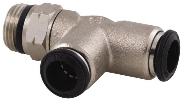 Alpha Technologies - 4mm Outside Diam, 1/8 Universal, Nickel Plated Brass Push-to-Connect Tube Male Swivel Run Tee - 250 Max psi, Tube to Universal Thread Connection, Buna O-Ring - Exact Tooling