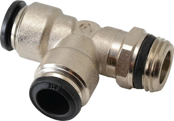 Alpha Technologies - 12mm Outside Diam, 1/2 Universal, Nickel Plated Brass Push-to-Connect Tube Male Swivel Run Tee - 250 Max psi, Tube to Universal Thread Connection, Buna O-Ring - Exact Tooling