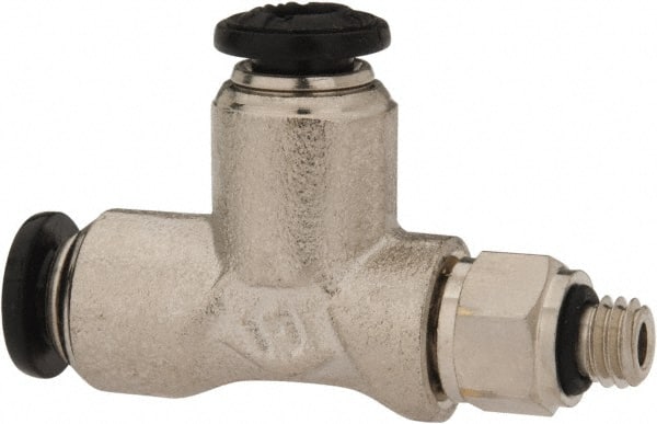 Alpha Technologies - 4mm Outside Diam, M5 Metric, Nickel Plated Brass Push-to-Connect Tube Male Swivel Run Tee - 250 Max psi, Tube to Metric Thread Connection, Buna O-Ring - Exact Tooling