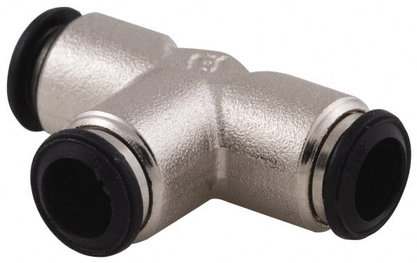 Alpha Technologies - 14mm Outside Diam, Nickel Plated Brass Push-to-Connect Tube Union Tee - 250 Max psi, Tube to Tube Connection, Buna O-Ring - Exact Tooling