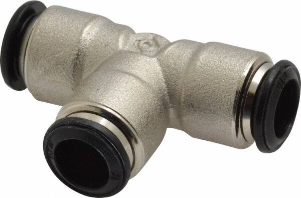 Alpha Technologies - 10mm Outside Diam, Nickel Plated Brass Push-to-Connect Tube Union Tee - 250 Max psi, Tube to Tube Connection, Buna O-Ring - Exact Tooling
