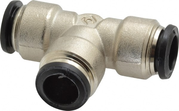 Alpha Technologies - 12mm Outside Diam, Nickel Plated Brass Push-to-Connect Tube Union Tee - 250 Max psi, Tube to Tube Connection, Buna O-Ring - Exact Tooling