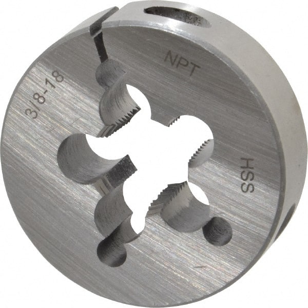 Interstate - 3/8-18 NPT Thread, Round Pipe Die - 2" Outside Diam, High Speed Steel - Exact Tooling