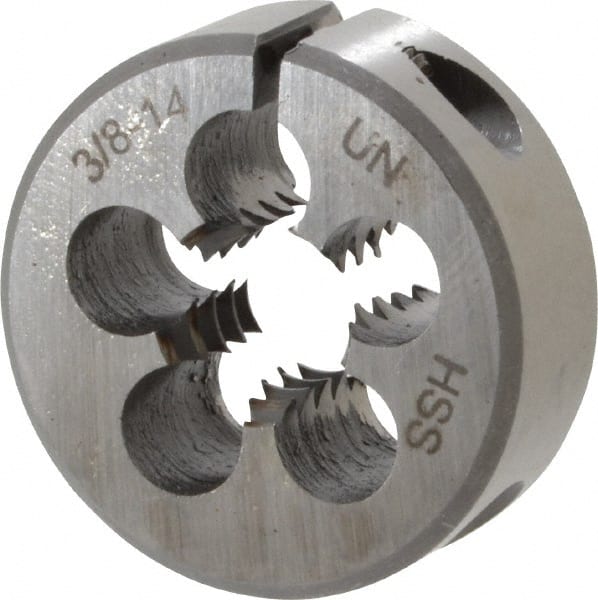 Interstate - 3/8-14 UNS Thread, 1" Outside Diam High Speed Steel Round Die - Right Hand Thread, Adjustable - Exact Tooling