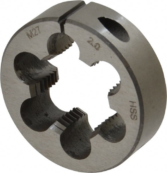 Interstate - M27x2.00 Metric Fine Thread, 2" Outside Diam High Speed Steel Round Die - Right Hand Thread, Adjustable - Exact Tooling
