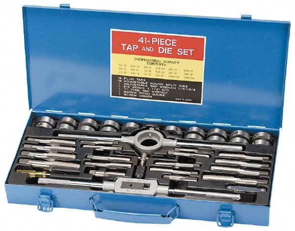 Interstate - 1/8-27 to 3/4-16 Tap, 1/4-20 to 3/4-16 Die, NPT, UNC, UNF, Tap and Die Set - Bright Finish Carbon Steel, Carbon Steel Taps, Plug Taps, Adjustable 1-1/2" Hex Size, 41 Piece Set with Metal Case - Exact Tooling