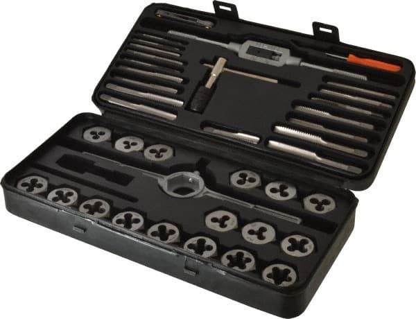 Interstate - #4-40 to 1/2-20 Tap, #4-40 to 1/2-20 Die, NPT, UNC, UNF, Tap and Die Set - Bright Finish Carbon Steel, Carbon Steel Taps, Nonadjustable 1" Hex Size, 39 Piece Set with Plastic Case - Exact Tooling