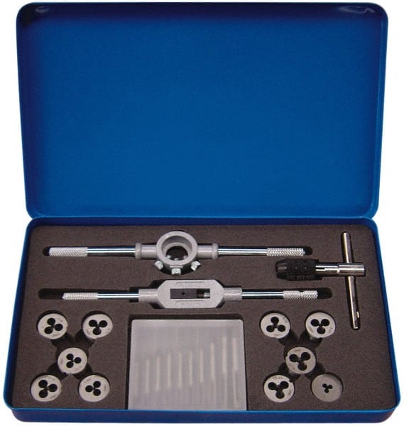 Interstate - #0-80 to #12-24 Tap, #0-80 to #12-24 Die, UNC, UNEF, UNF, Tap and Die Set - Bright Finish Carbon Steel, Carbon Steel Taps, Adjustable, 23 Piece Set with Metal Case - Exact Tooling