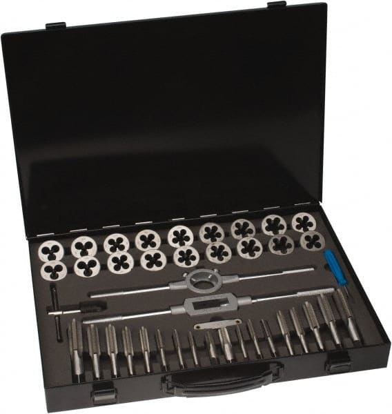 Interstate - 1/8-27 to 3/4-16 Tap, NPT, UNC, UNF, Tap and Die Set - Bright Finish High Speed Steel, High Speed Steel Taps, Plug Taps, Nonadjustable, 41 Piece Set with Plastic Case - Exact Tooling