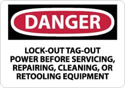 NMC - "Danger - Lock Out, Tag-out Power Before Servicing, Repairing, Cleaning, or Retooling Equipment", 10" Long x 14" Wide, Pressure-Sensitive Vinyl Safety Sign - Rectangle, 0.004" Thick, Use for Accident Prevention - Exact Tooling