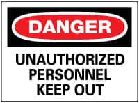 NMC - "Danger - Unauthorized Personnel - Keep Out", 10" Long x 14" Wide, Pressure-Sensitive Vinyl Safety Sign - Rectangle, 0.004" Thick, Use for Security & Admittance - Exact Tooling