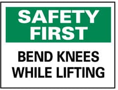 NMC - "Safety First - Bend Knees While Lifting", 10" Long x 14" Wide, Pressure-Sensitive Vinyl Safety Sign - Rectangle, 0.004" Thick, Use for Accident Prevention - Exact Tooling